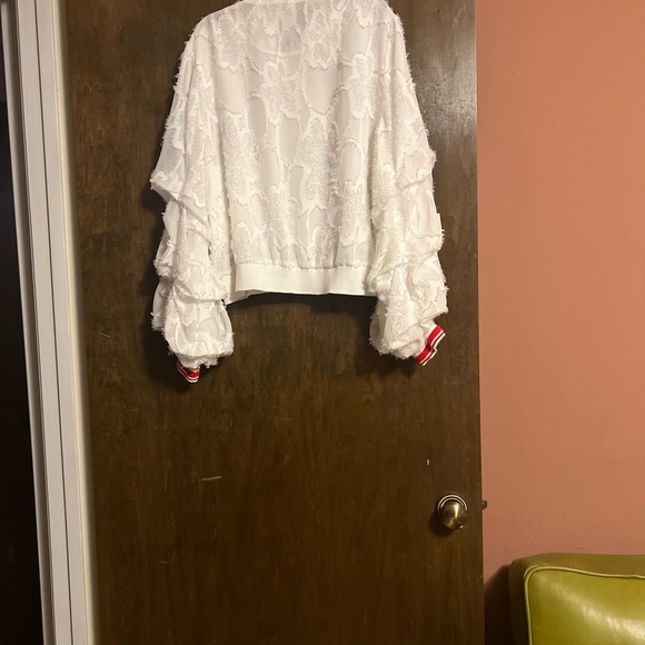 White embroidered zipper jacket with red & white on sleeves - Picture 7 of 8